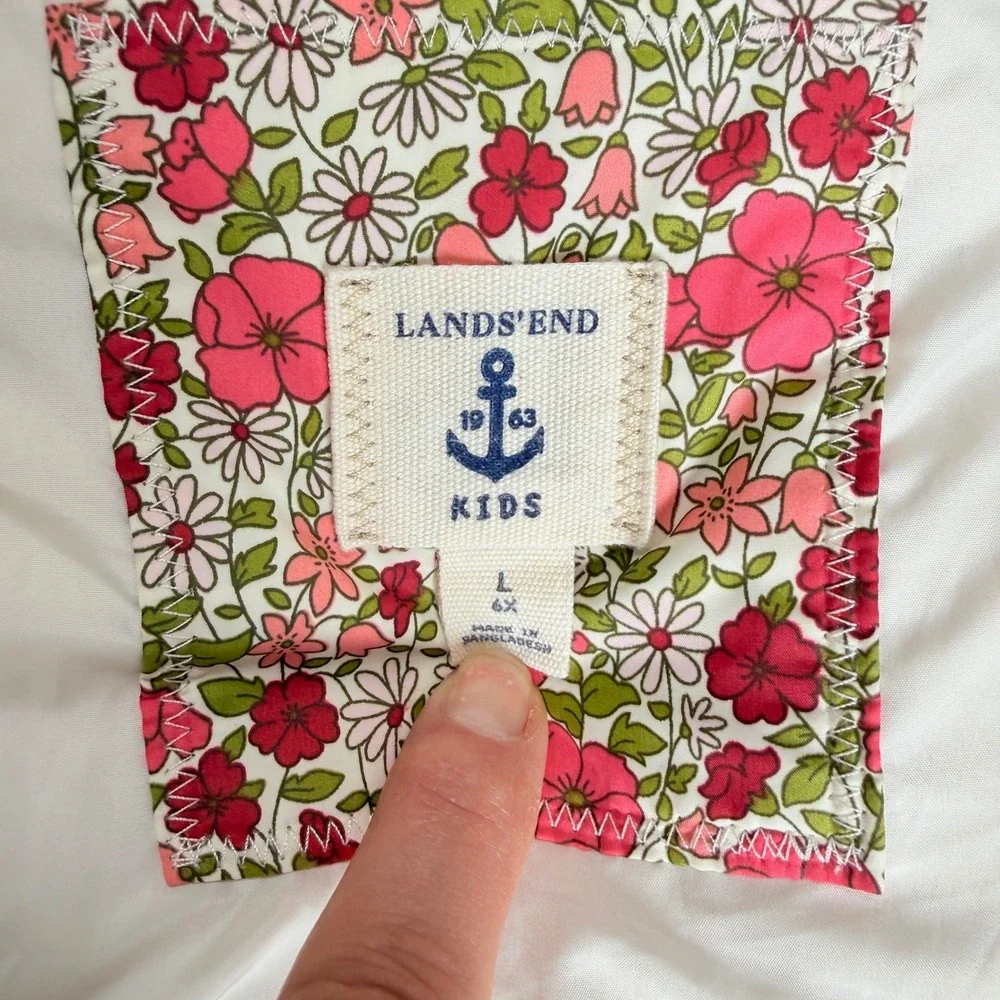 Lands End Girls Down Puffer Vest Kids Large 6X Pink Green Floral Quilted Preppy